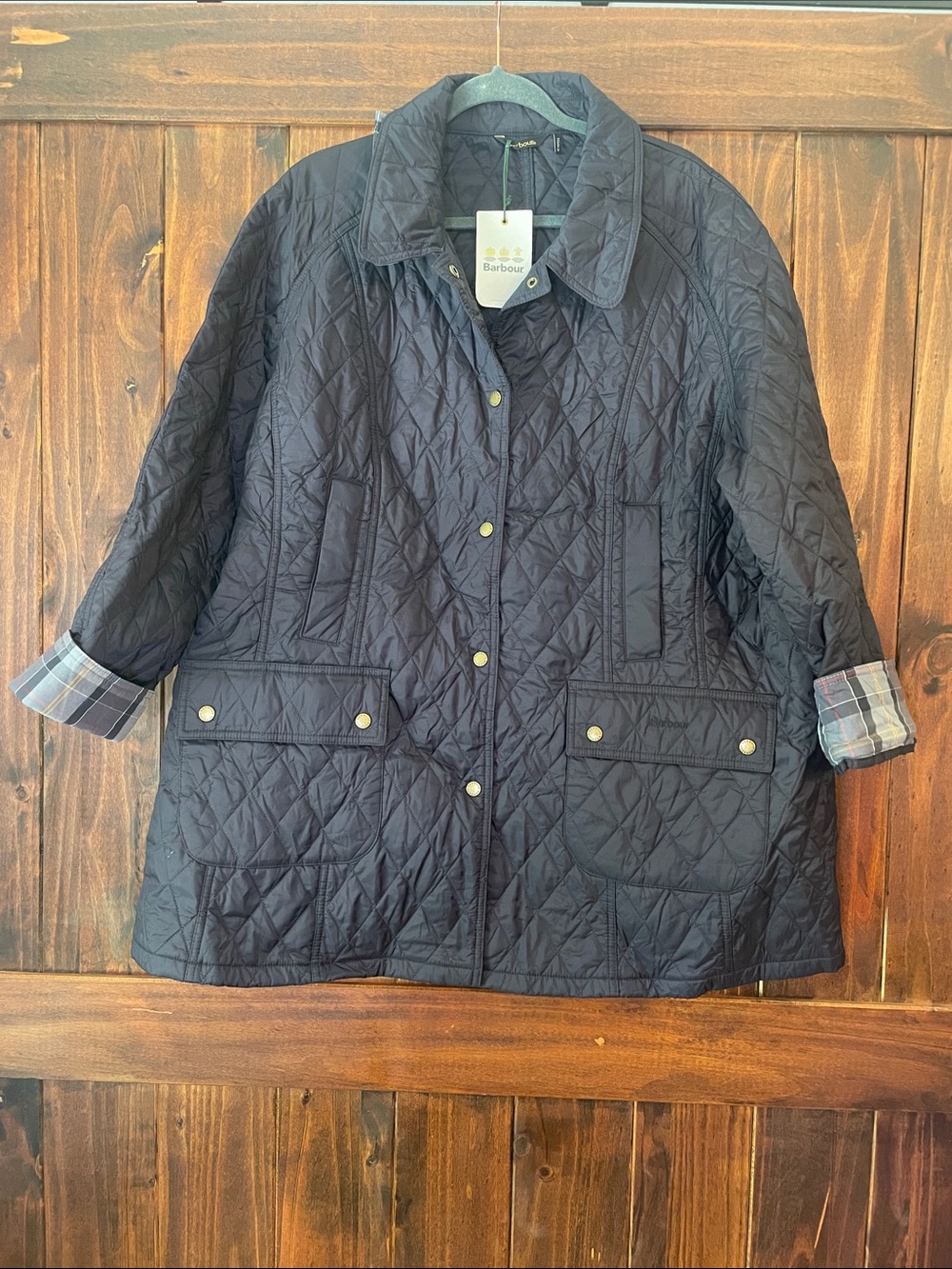 Barbour Navy Quilted Summer Beadnell with Plaid Cuffs and Collar NWT